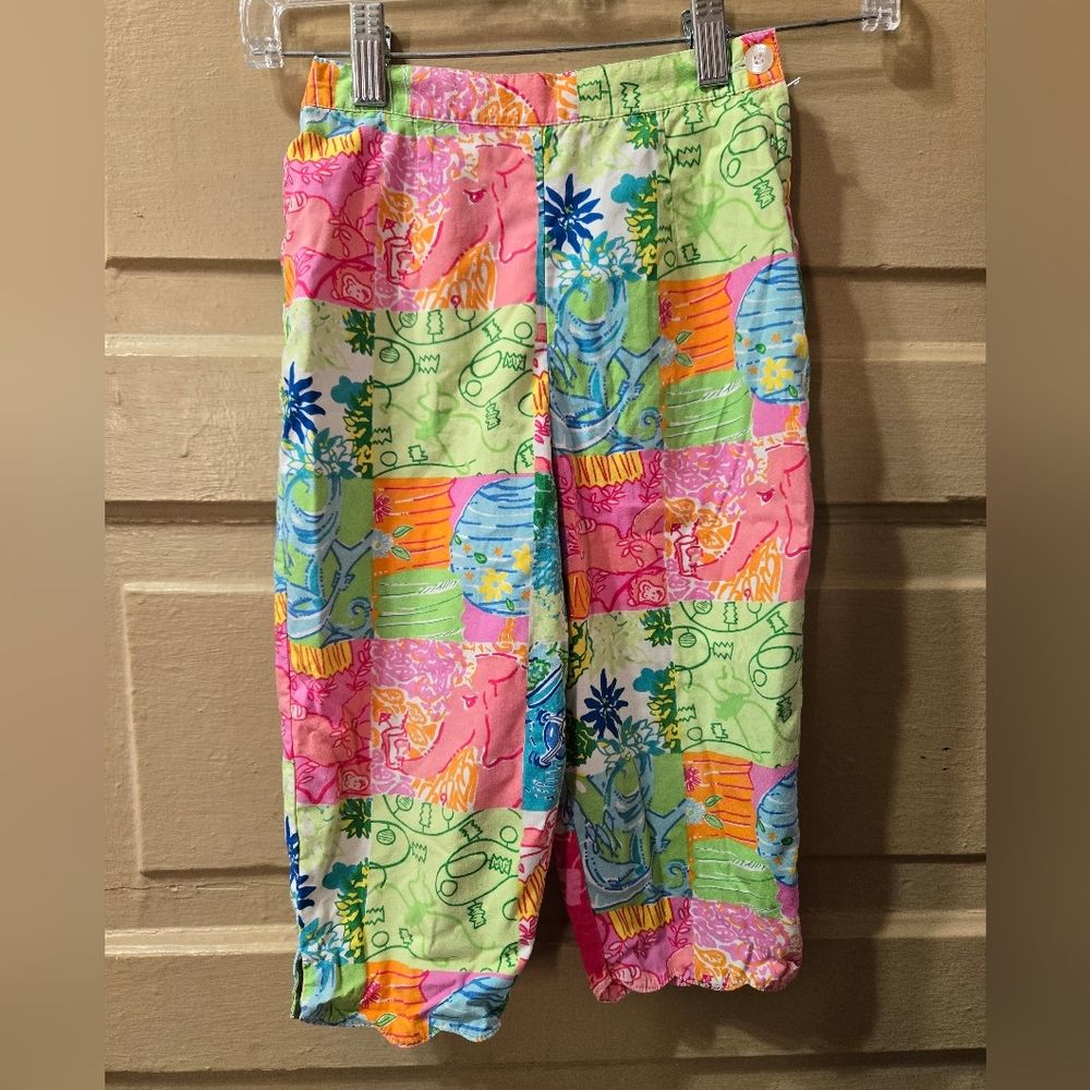 Lilly Pulitzer Vintage Colorful Animal Patchwork Scollaped Hem Pants EUC